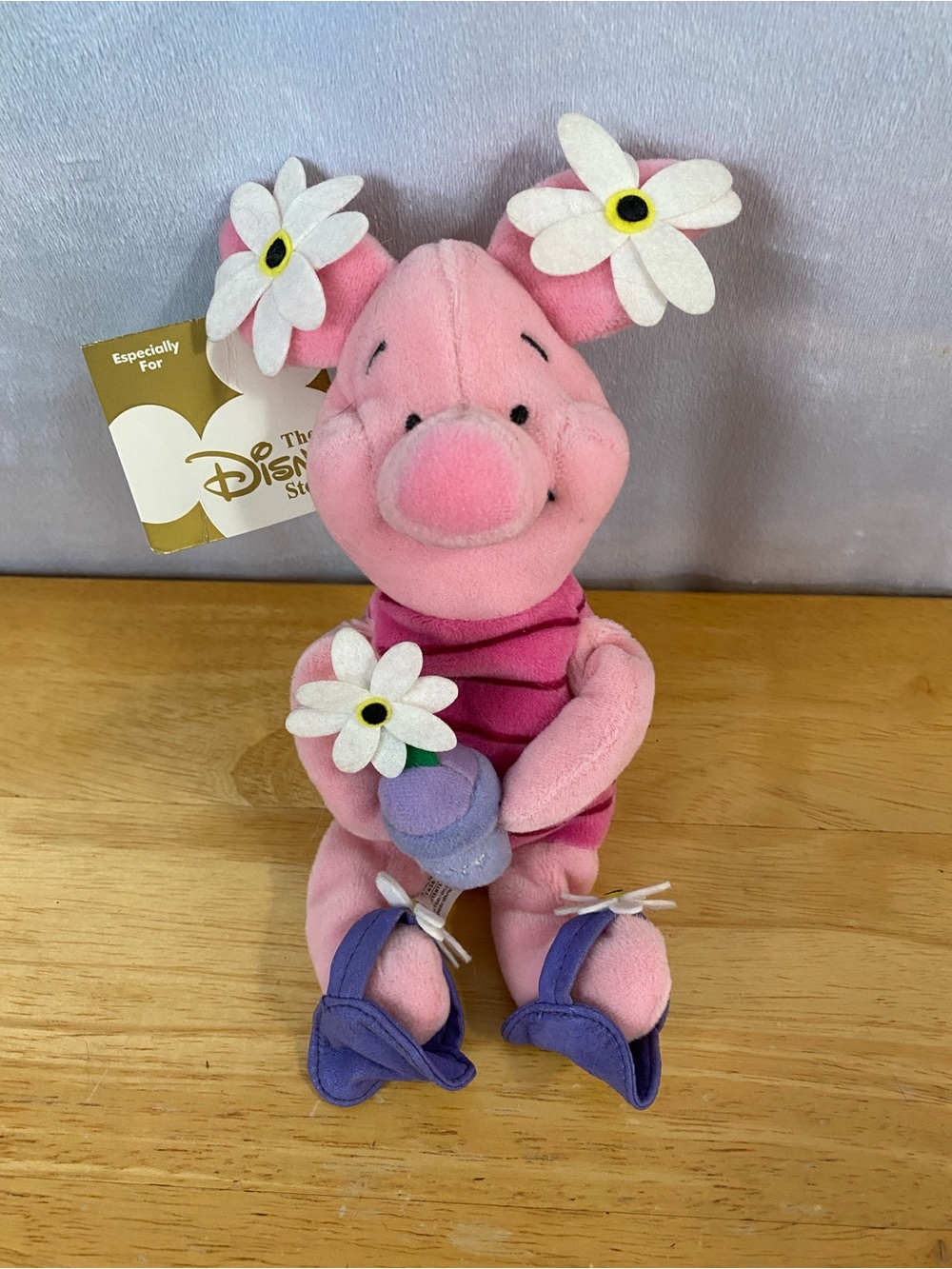 Vintage 2000s Disney Store Flower Power Piglet Pink Plush Toy with Flowers -